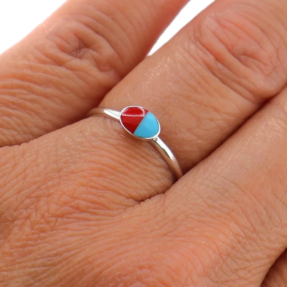 Authentic Zuni Multi Stone Inlay Sterling Silver Ring Native American Handmade**